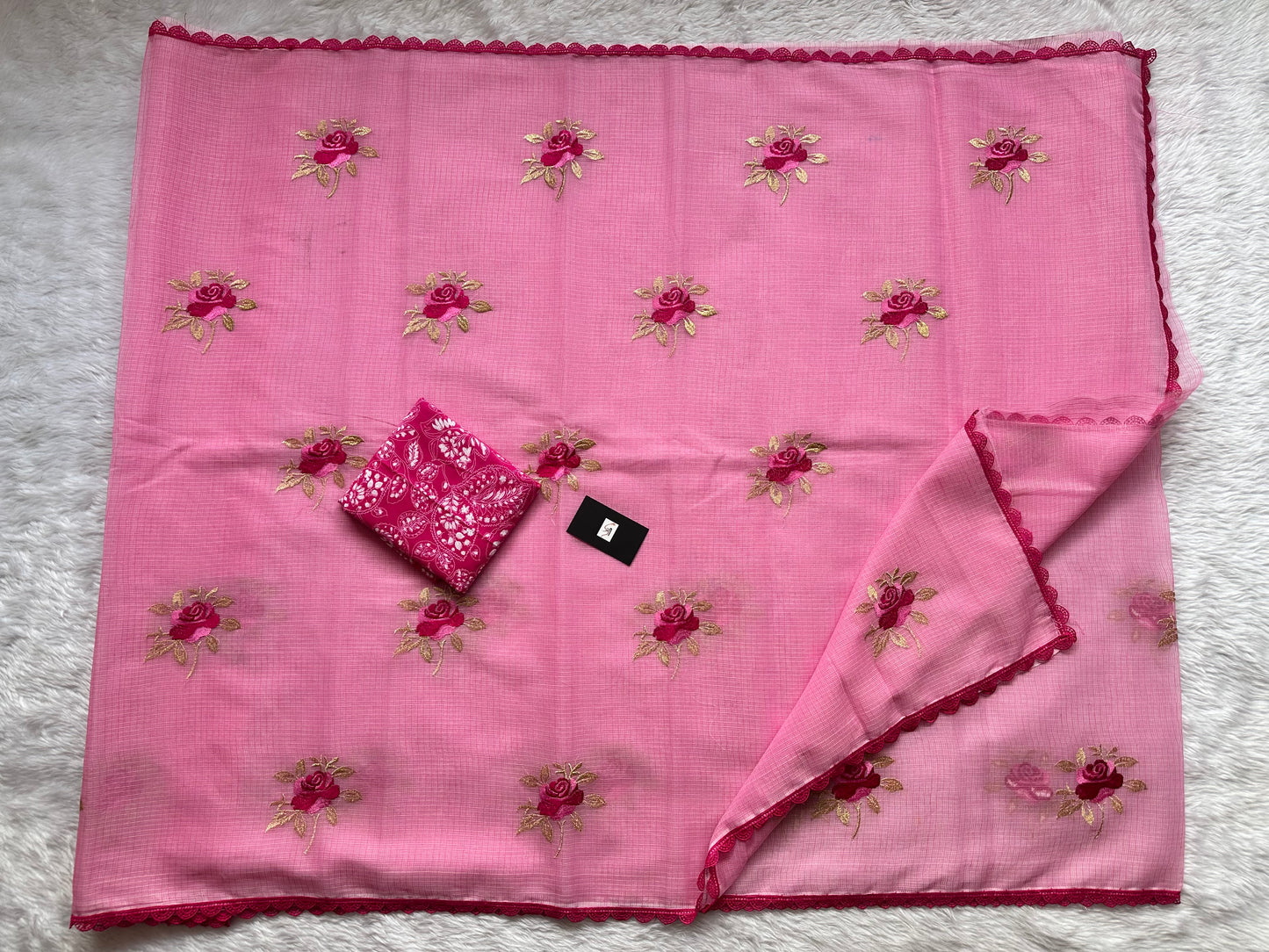 Embroidered Kota Cotton Doria Saree With Handcrafted Lucknowi Crochet Lace