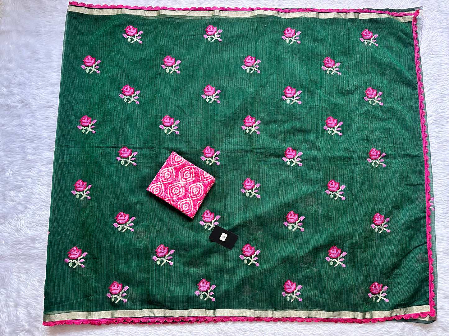 Embroidered Kota Doria Saree With Handcrafted Lucknowi Corchet Lace