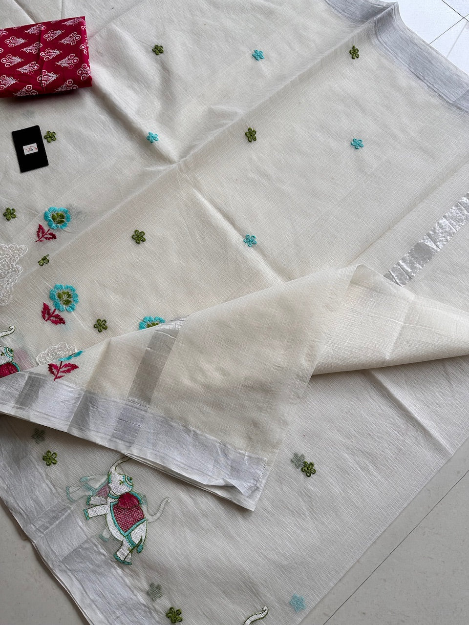 Embroidered Kota Cotton Doria Saree