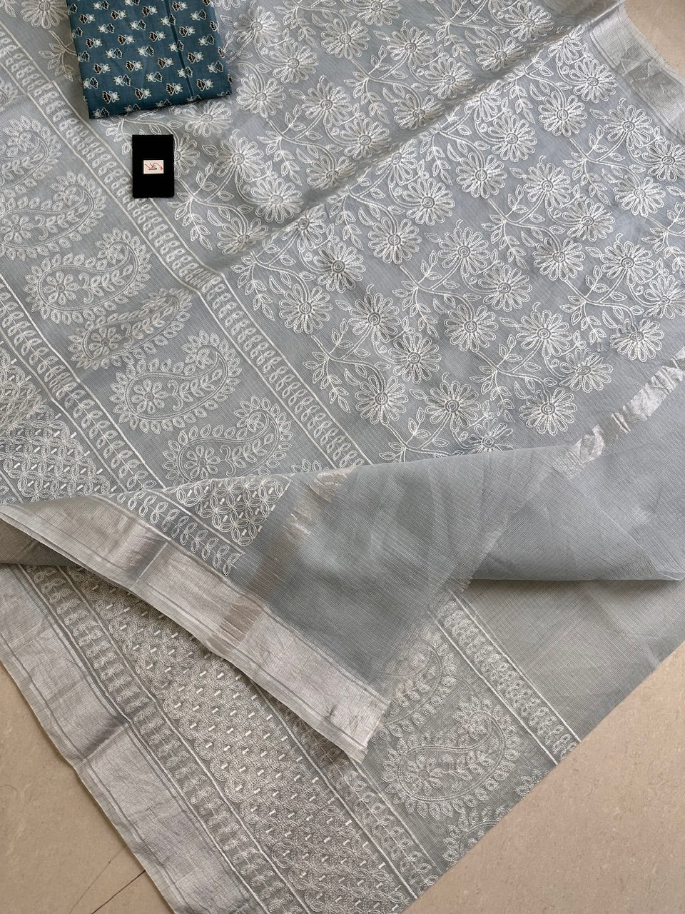 Embroidered Kota Cotton Doria Saree