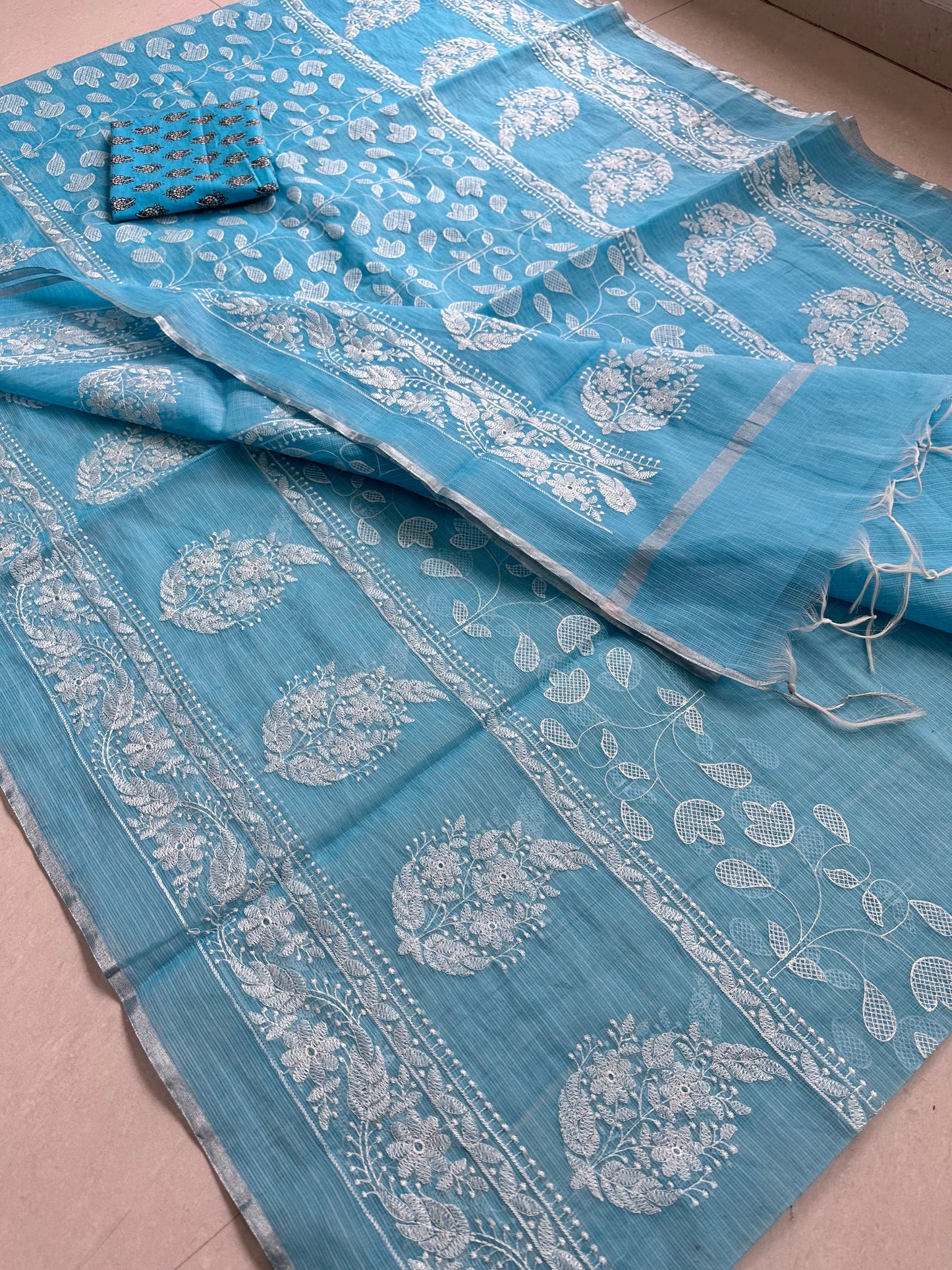 Embroidered Kota Cotton Doria Saree