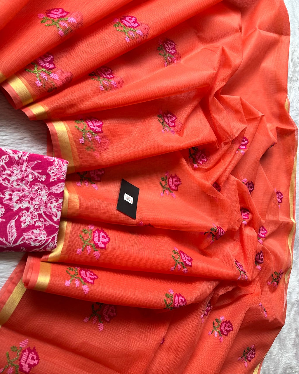 Embroidered Kota Cotton Doria Saree