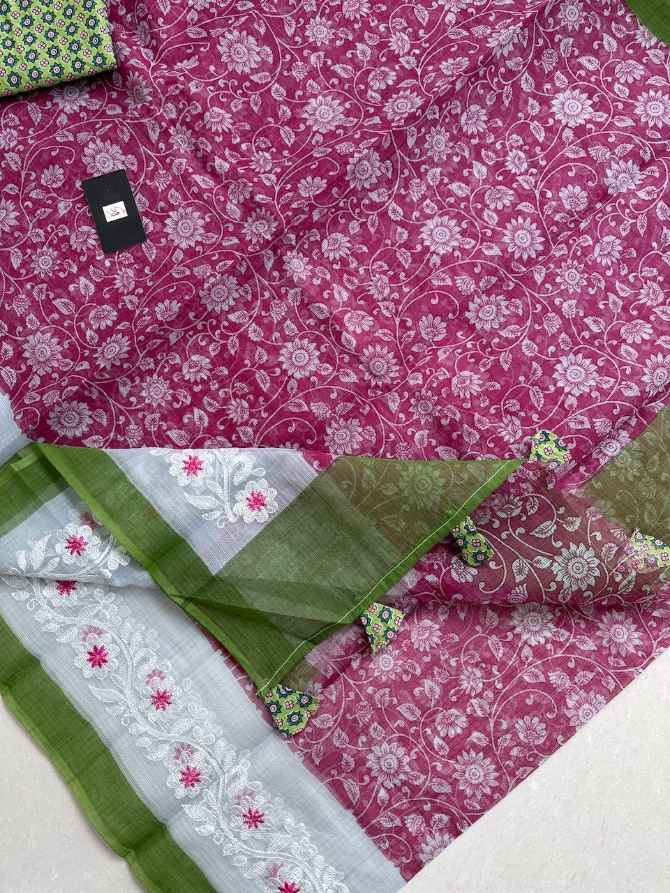 Embroidered Digital Printed Kota Cotton Doria Saree