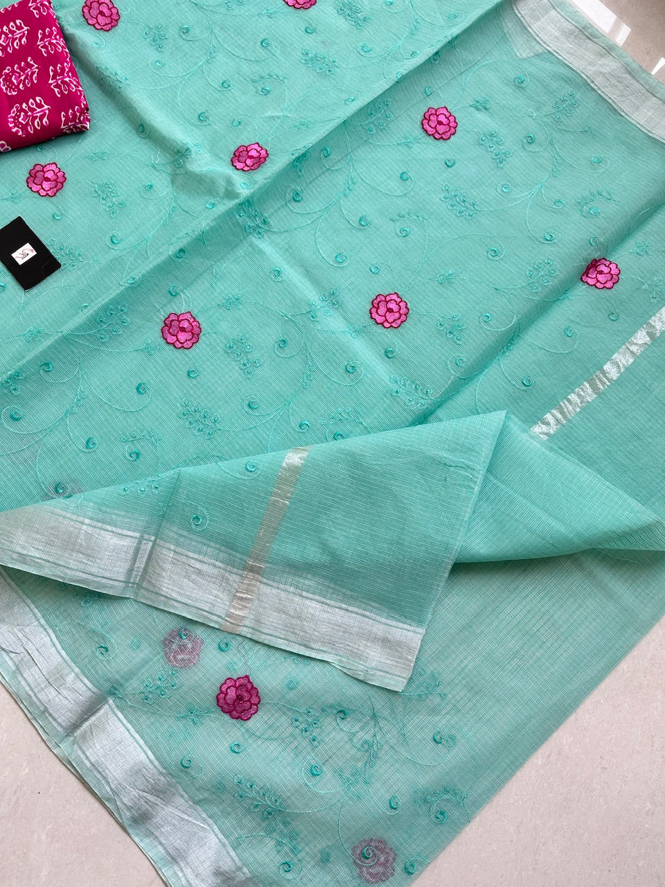 Embroidered Kota Cotton Doria Saree