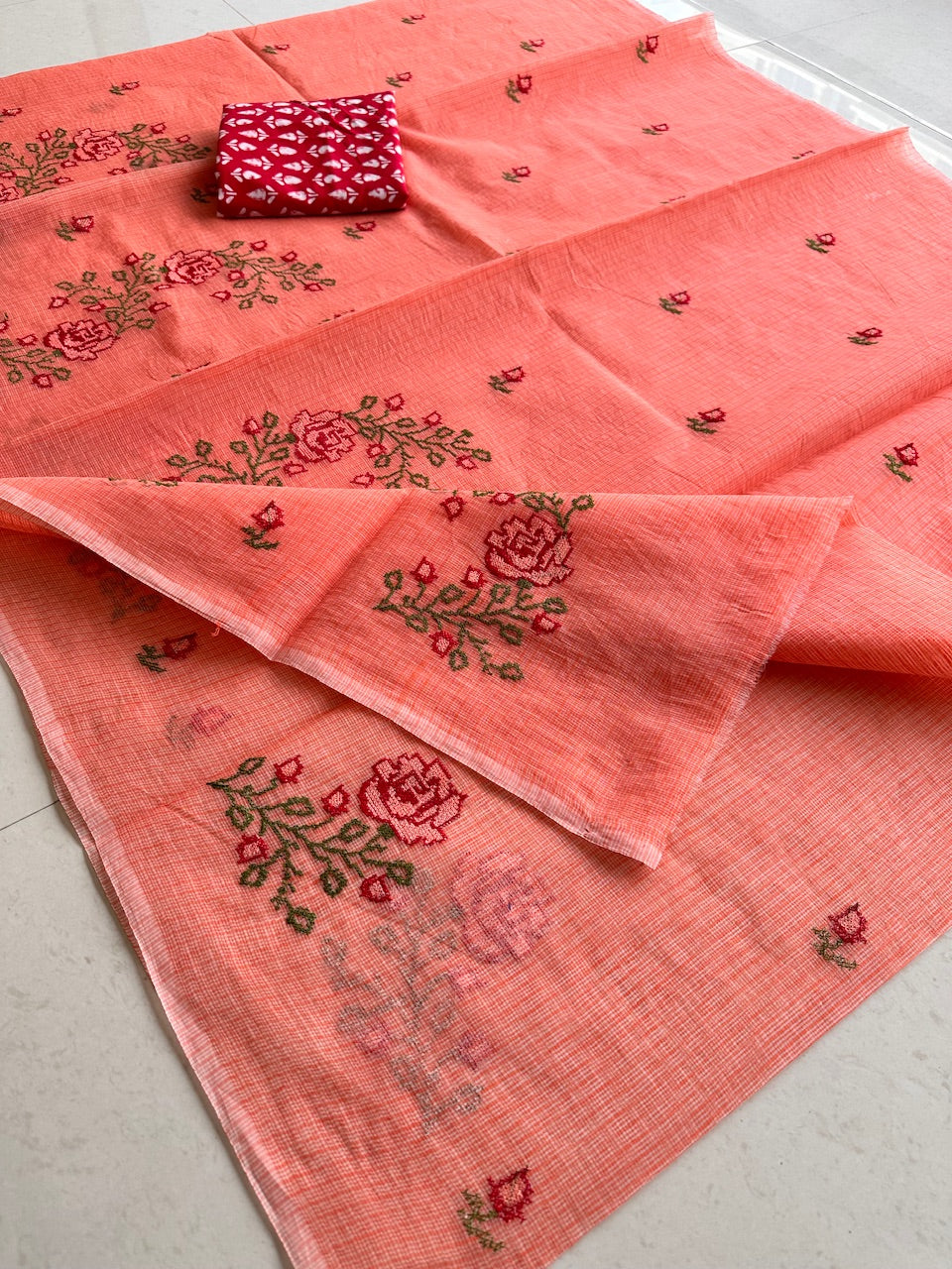 Embroidered Kota Cotton Doria Saree