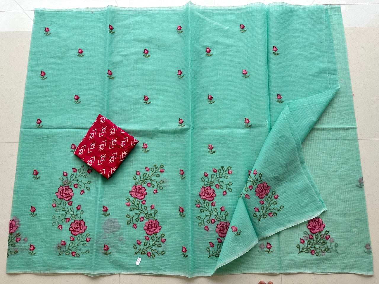 Embroidered Kota Cotton Doria Saree