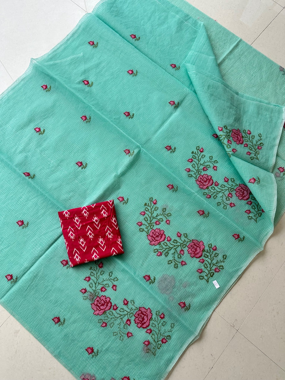 Embroidered Kota Cotton Doria Saree