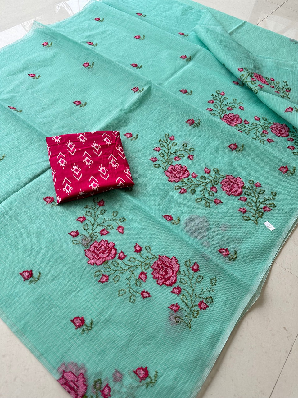 Embroidered Kota Cotton Doria Saree