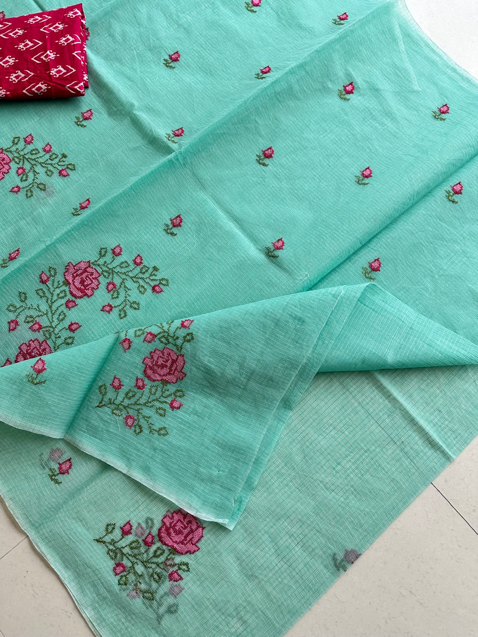 Embroidered Kota Cotton Doria Saree