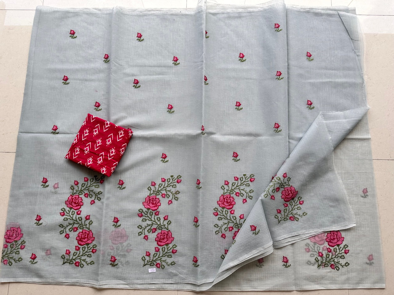 Embroidered Kota Cotton Doria Saree