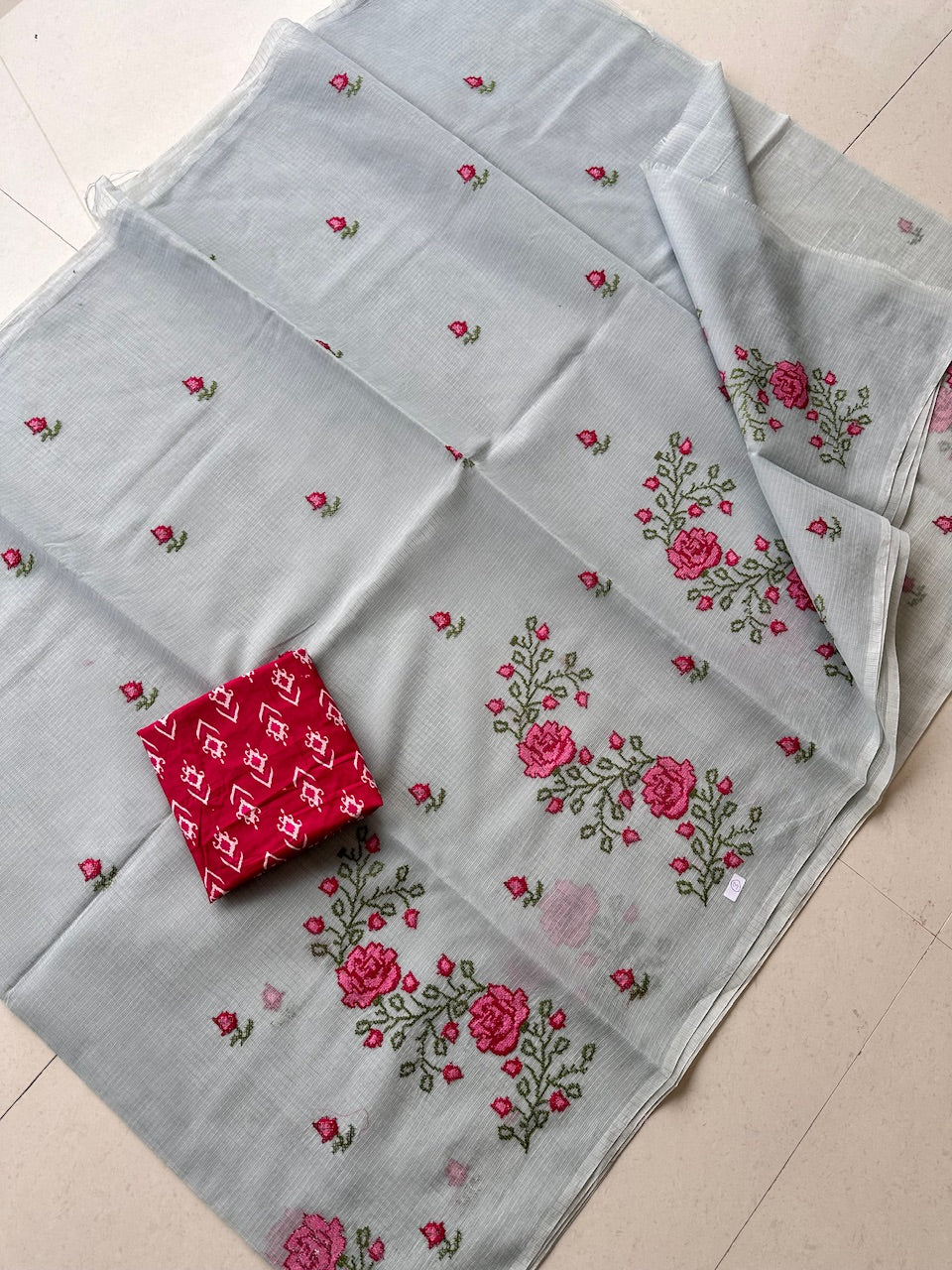 Embroidered Kota Cotton Doria Saree