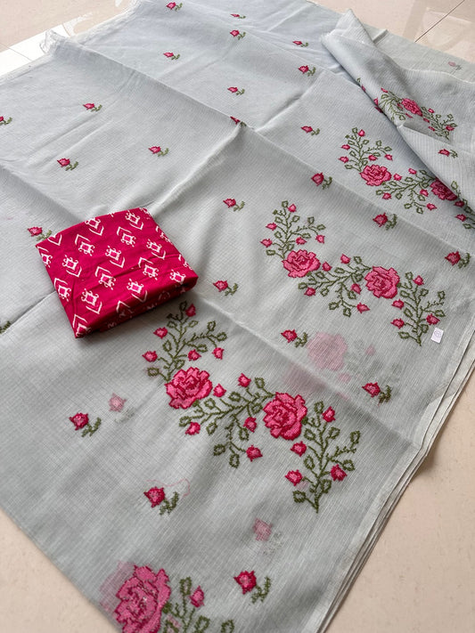 Embroidered Kota Cotton Doria Saree