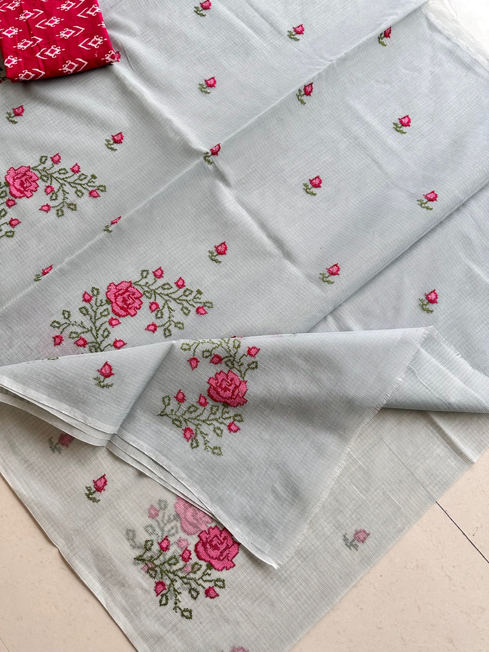 Embroidered Kota Cotton Doria Saree