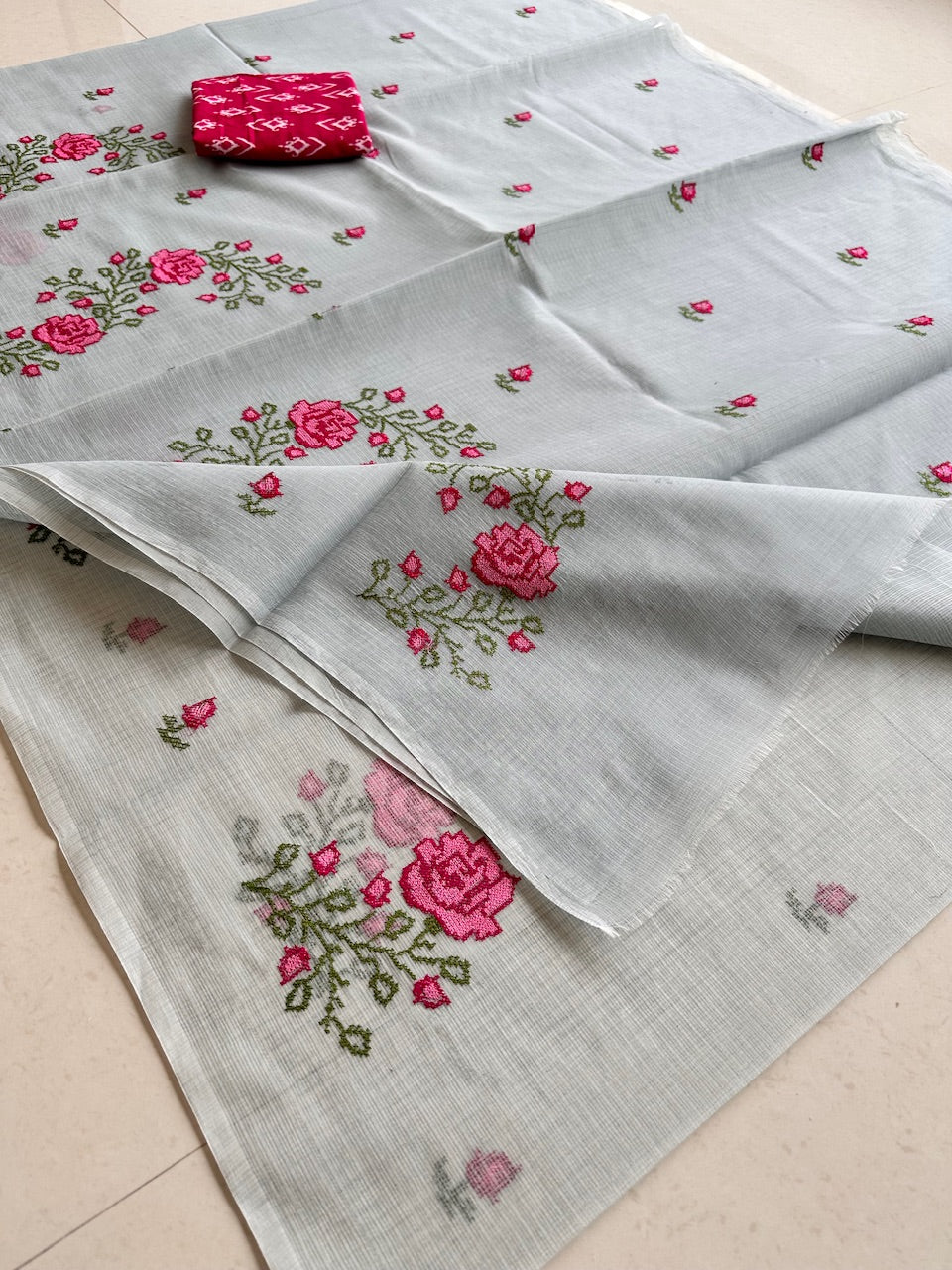 Embroidered Kota Cotton Doria Saree