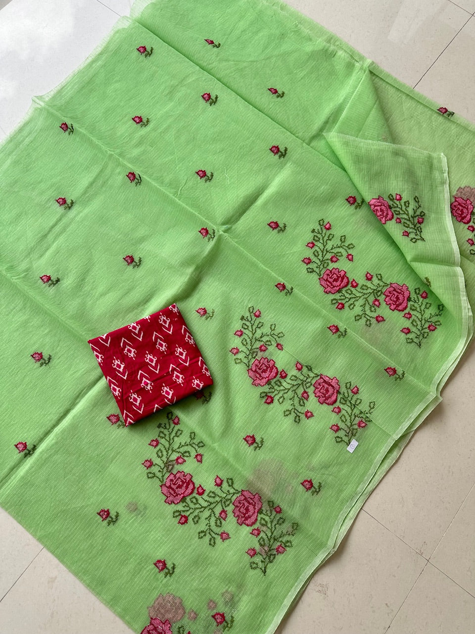 Embroidered Kota Cotton Doria Saree