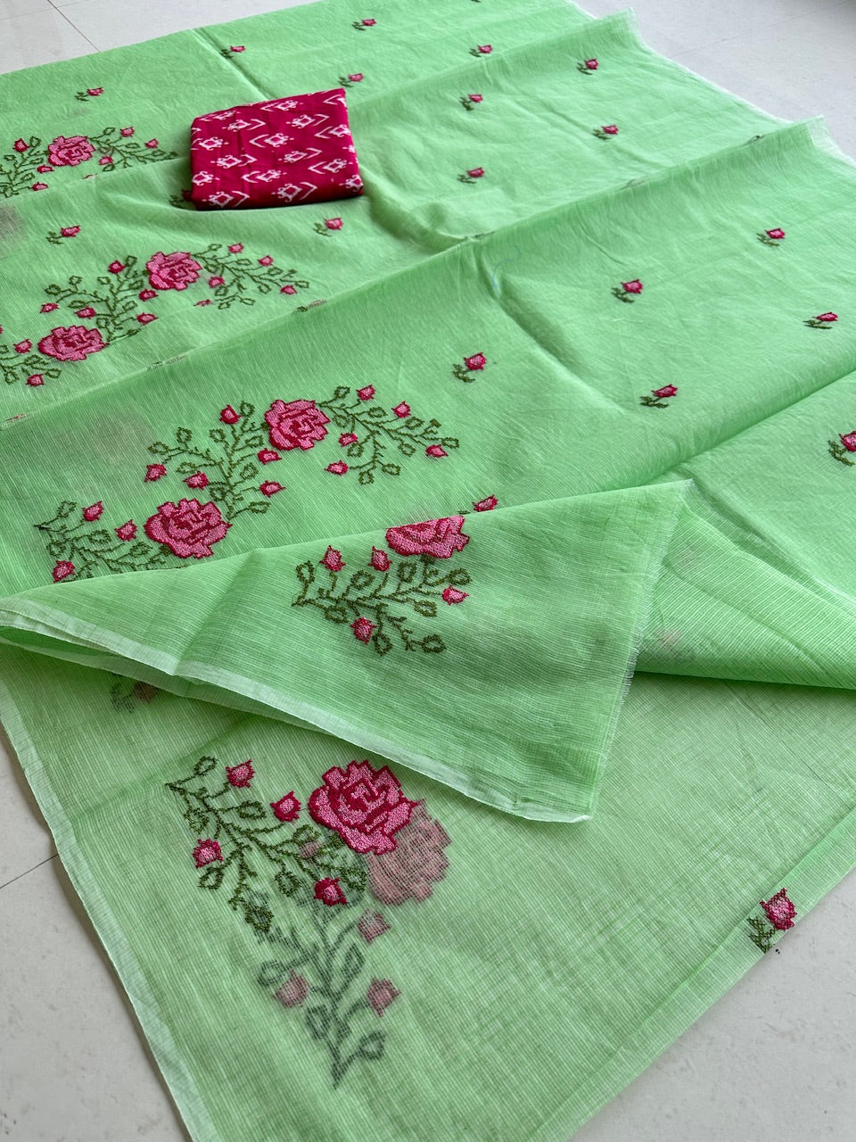 Embroidered Kota Cotton Doria Saree