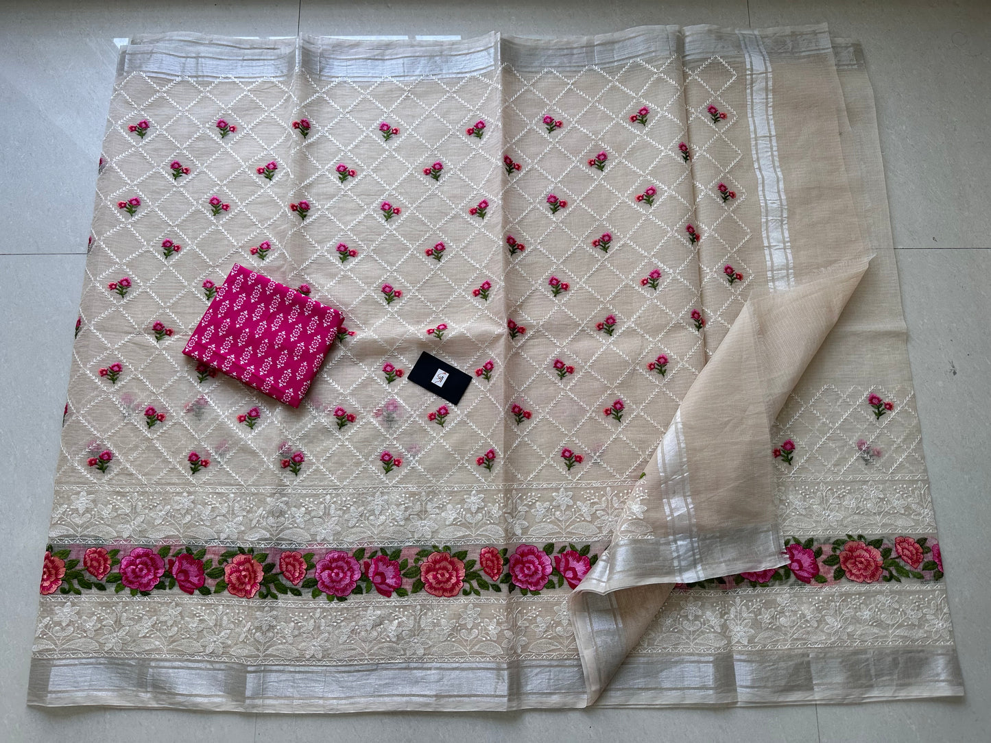 Embroidered Kota Cotton Doria Saree