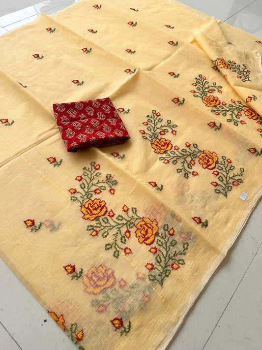 Embroidered Kota Cotton Doria Saree