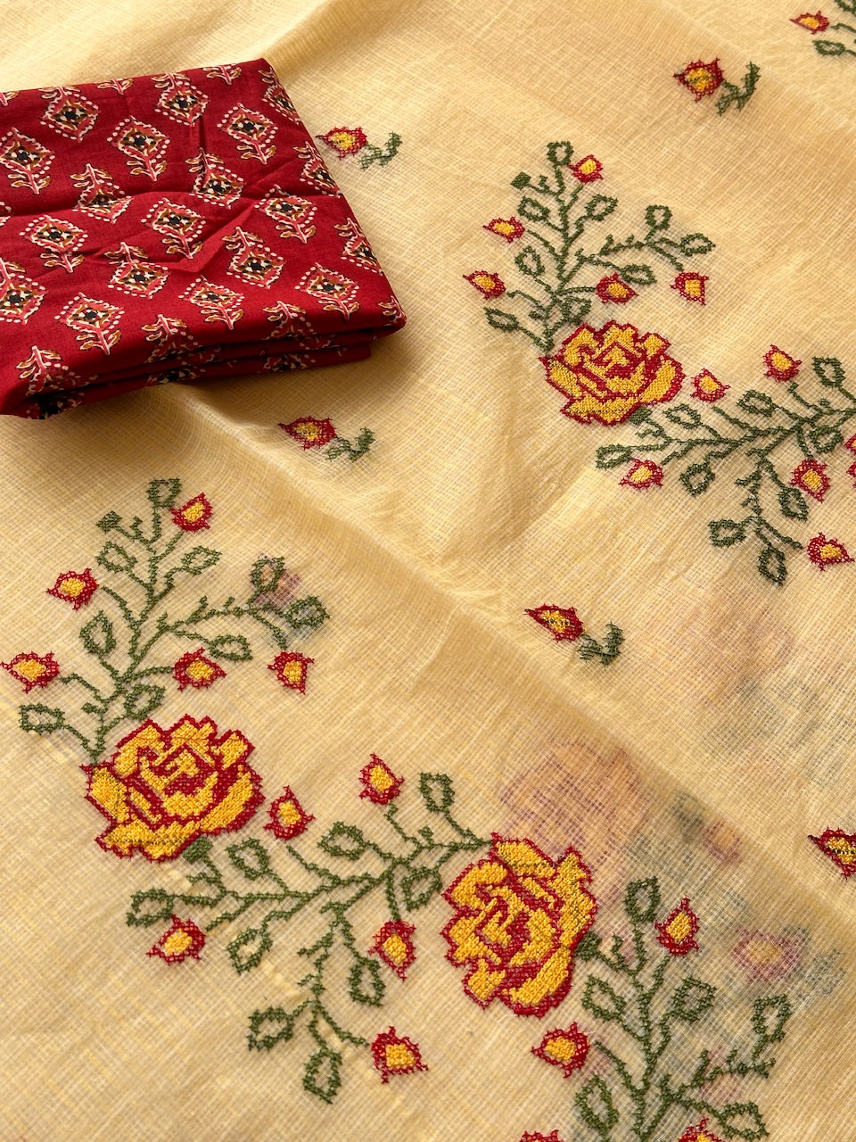 Embroidered Kota Cotton Doria Saree