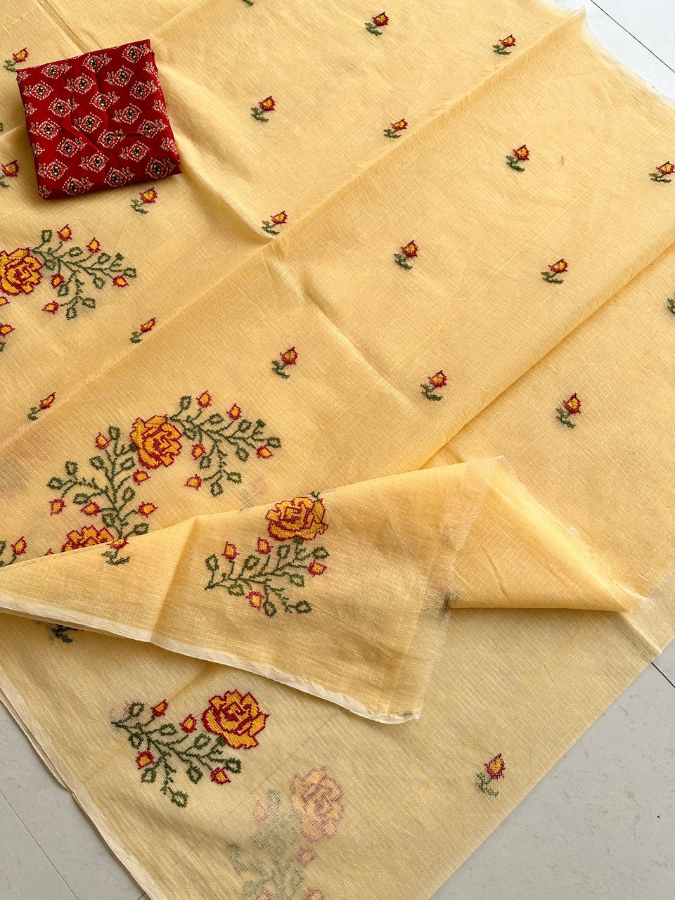 Embroidered Kota Cotton Doria Saree