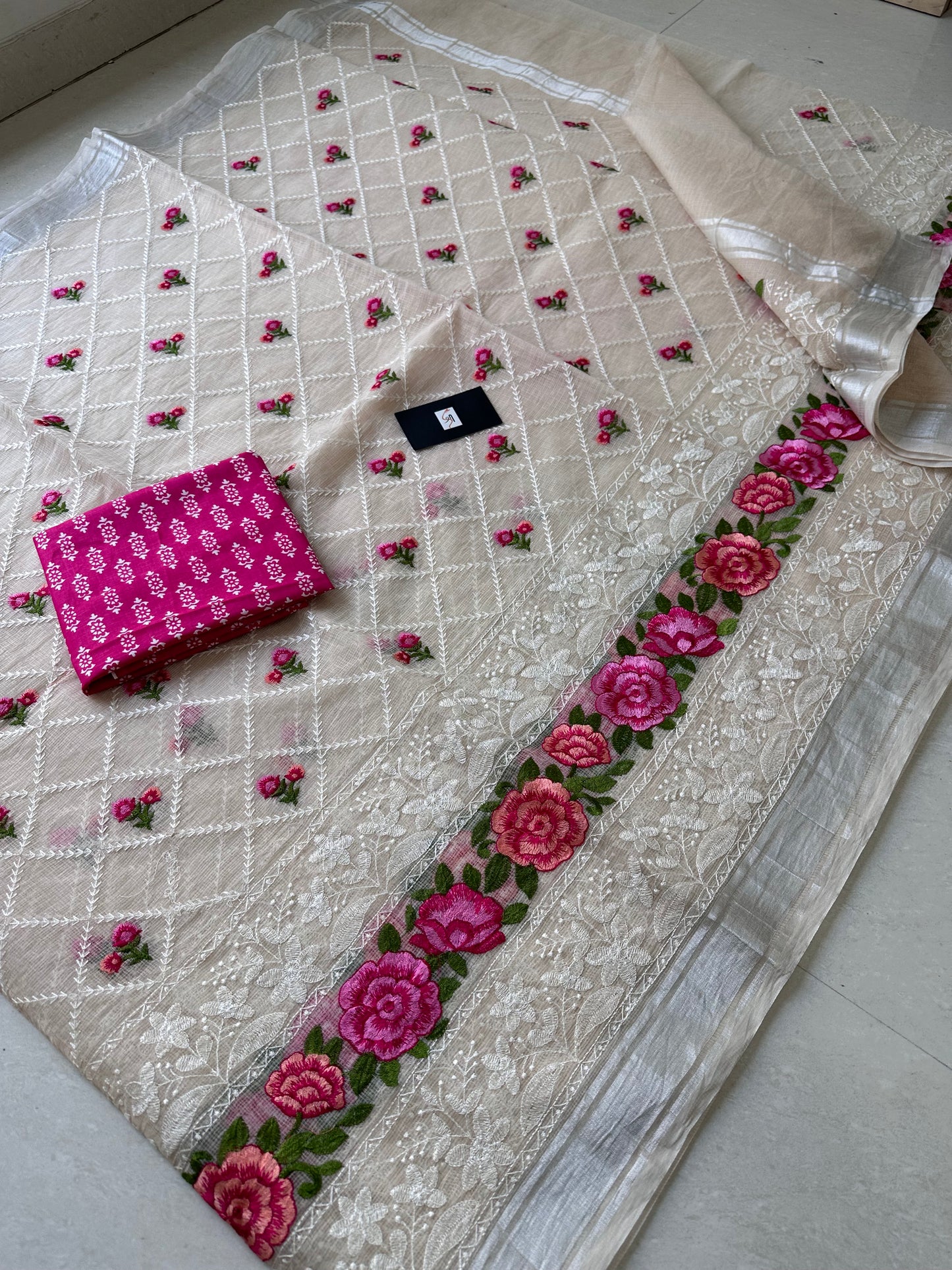 Embroidered Kota Cotton Doria Saree