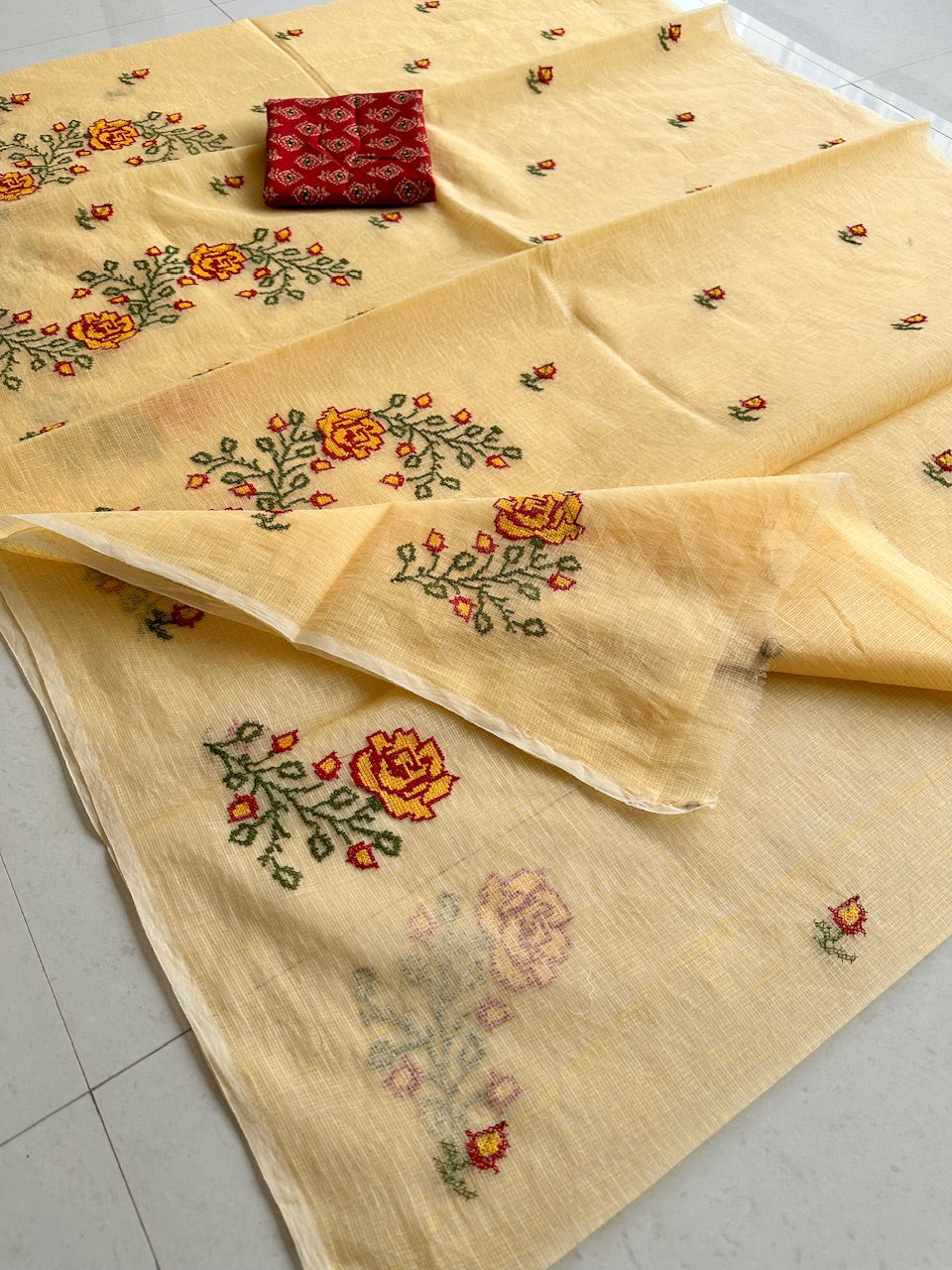 Embroidered Kota Cotton Doria Saree