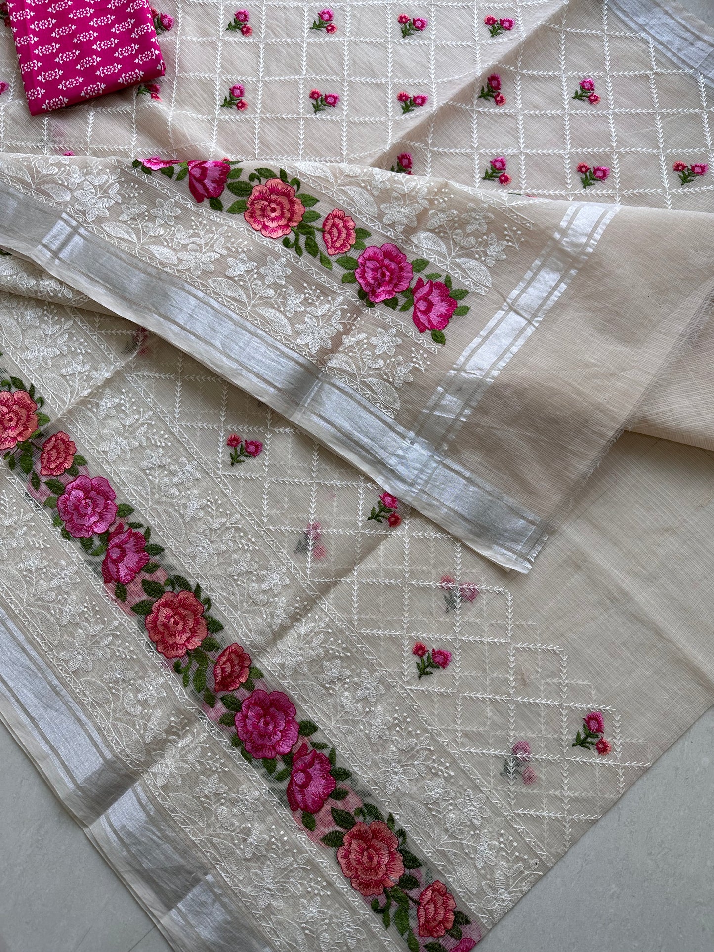 Embroidered Kota Cotton Doria Saree