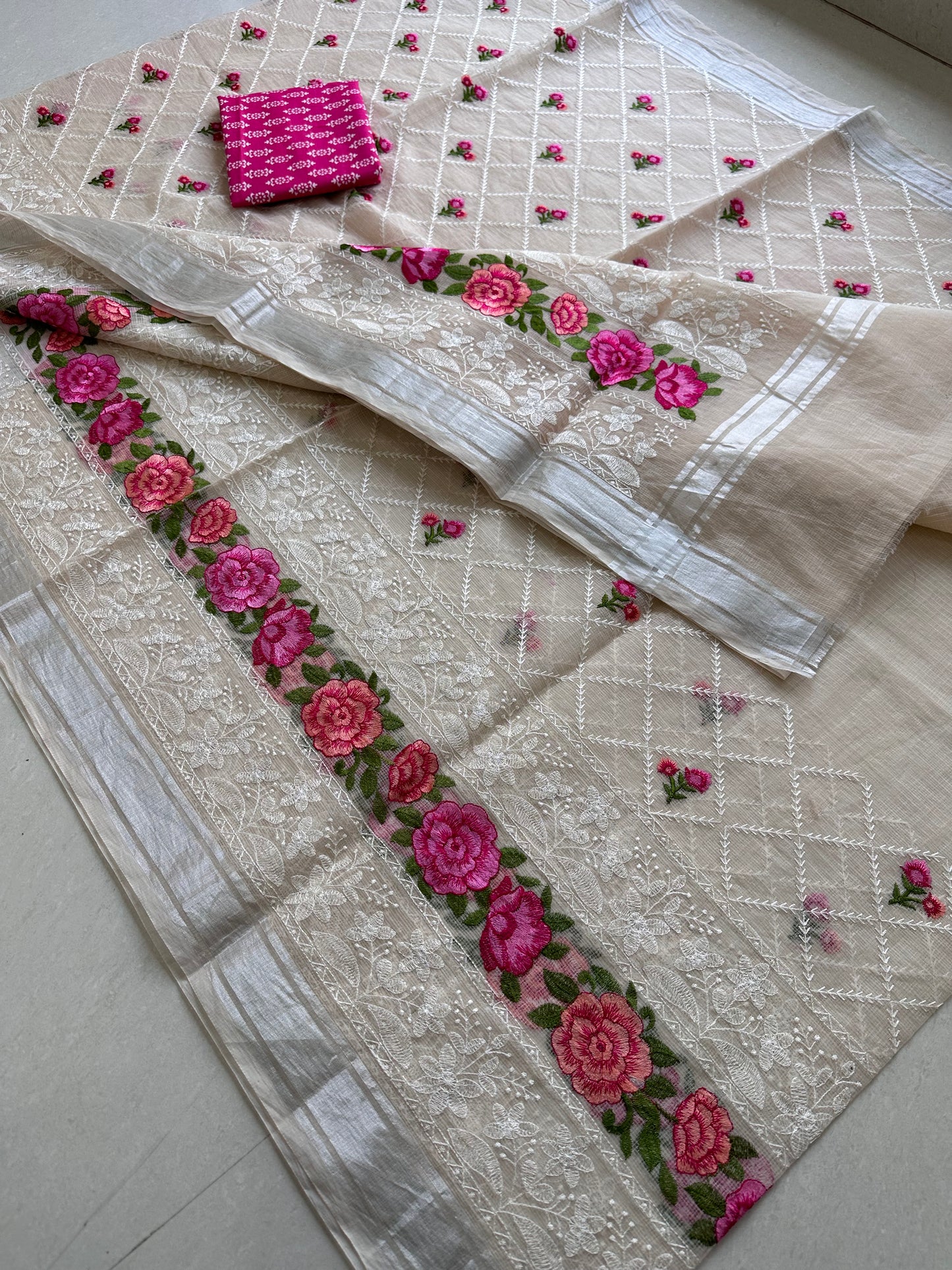 Embroidered Kota Cotton Doria Saree