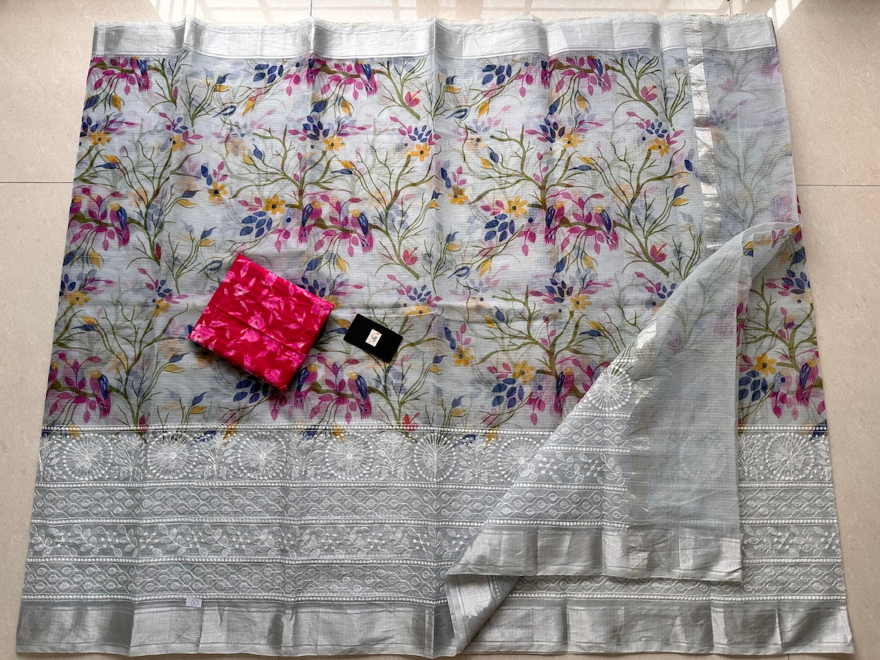 Embroidered Digital Printed Kota Cotton Doria Saree