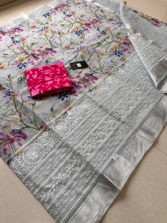 Embroidered Digital Printed Kota Cotton Doria Saree