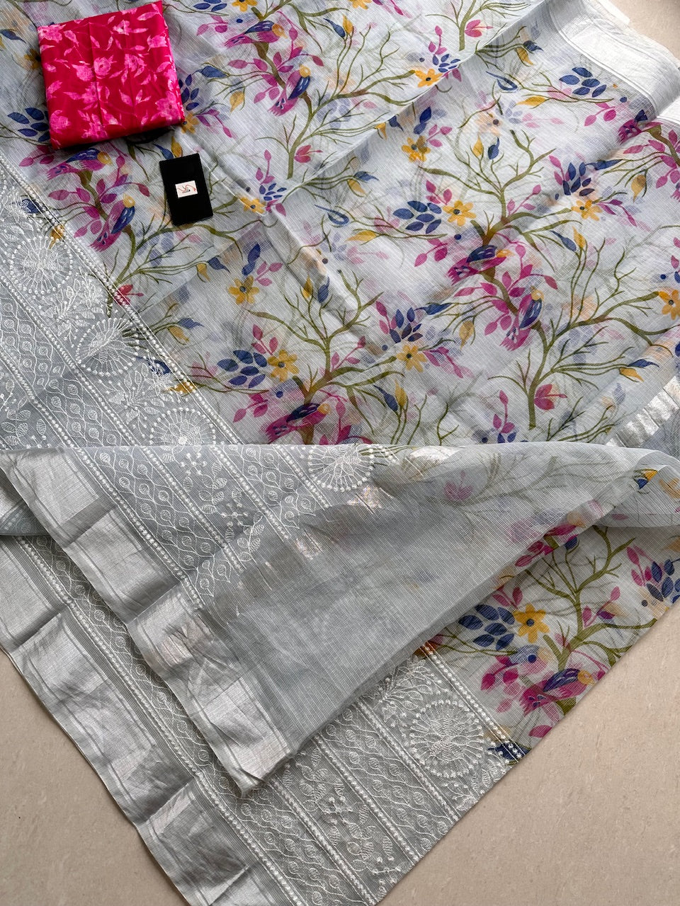 Embroidered Digital Printed Kota Cotton Doria Saree