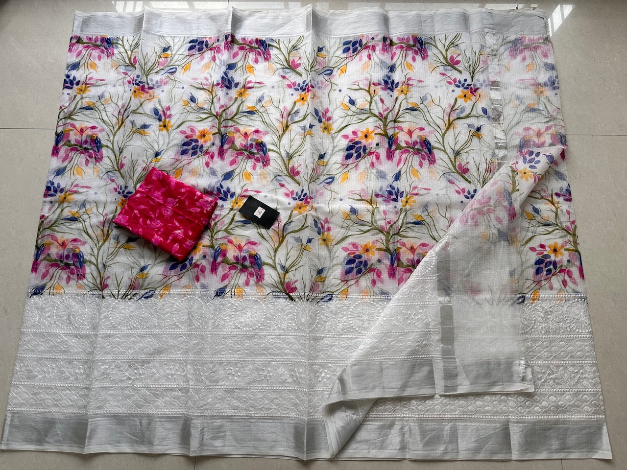 Embroidered Digital Printed Kota Cotton Doria Saree