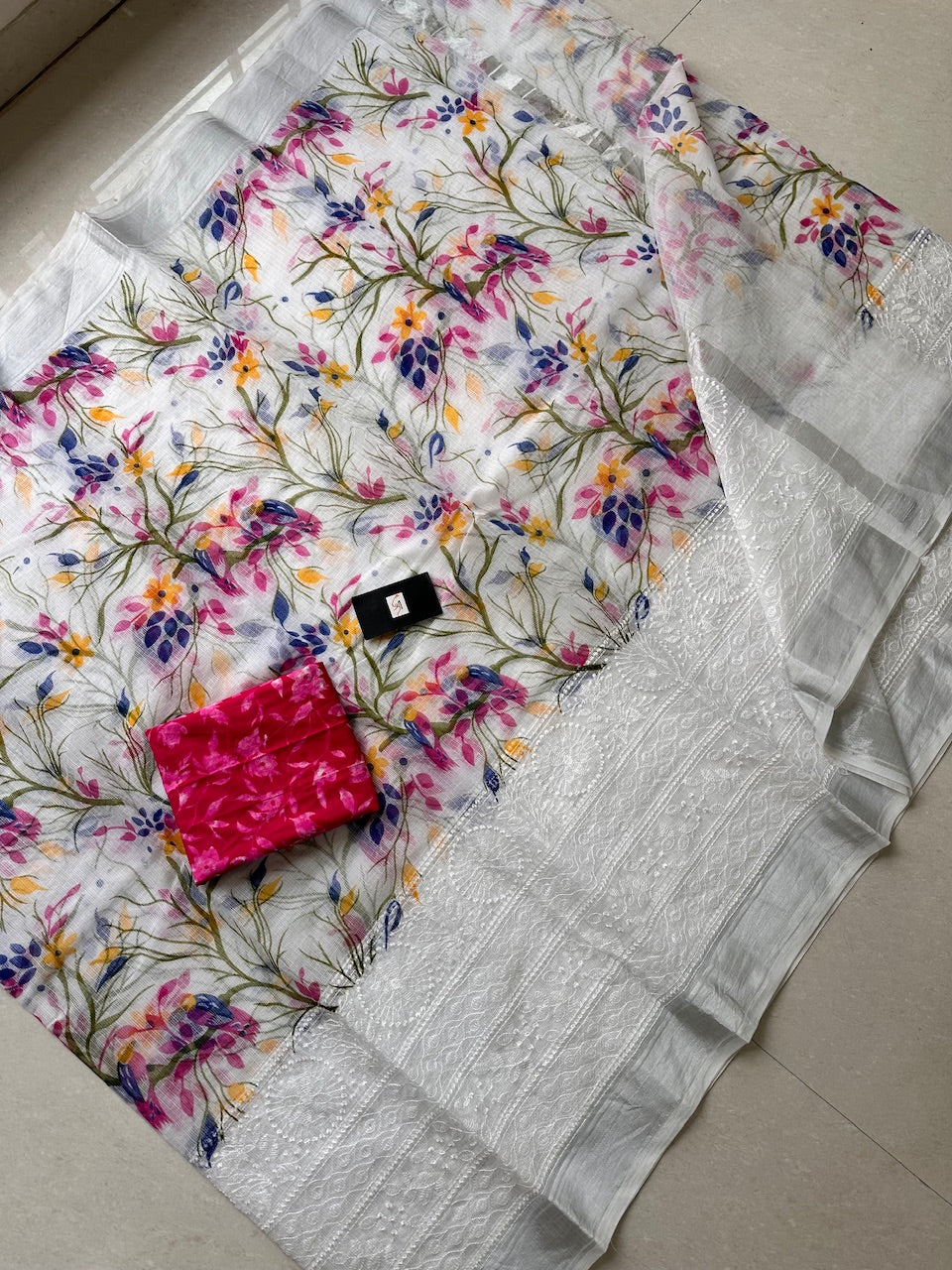 Embroidered Digital Printed Kota Cotton Doria Saree