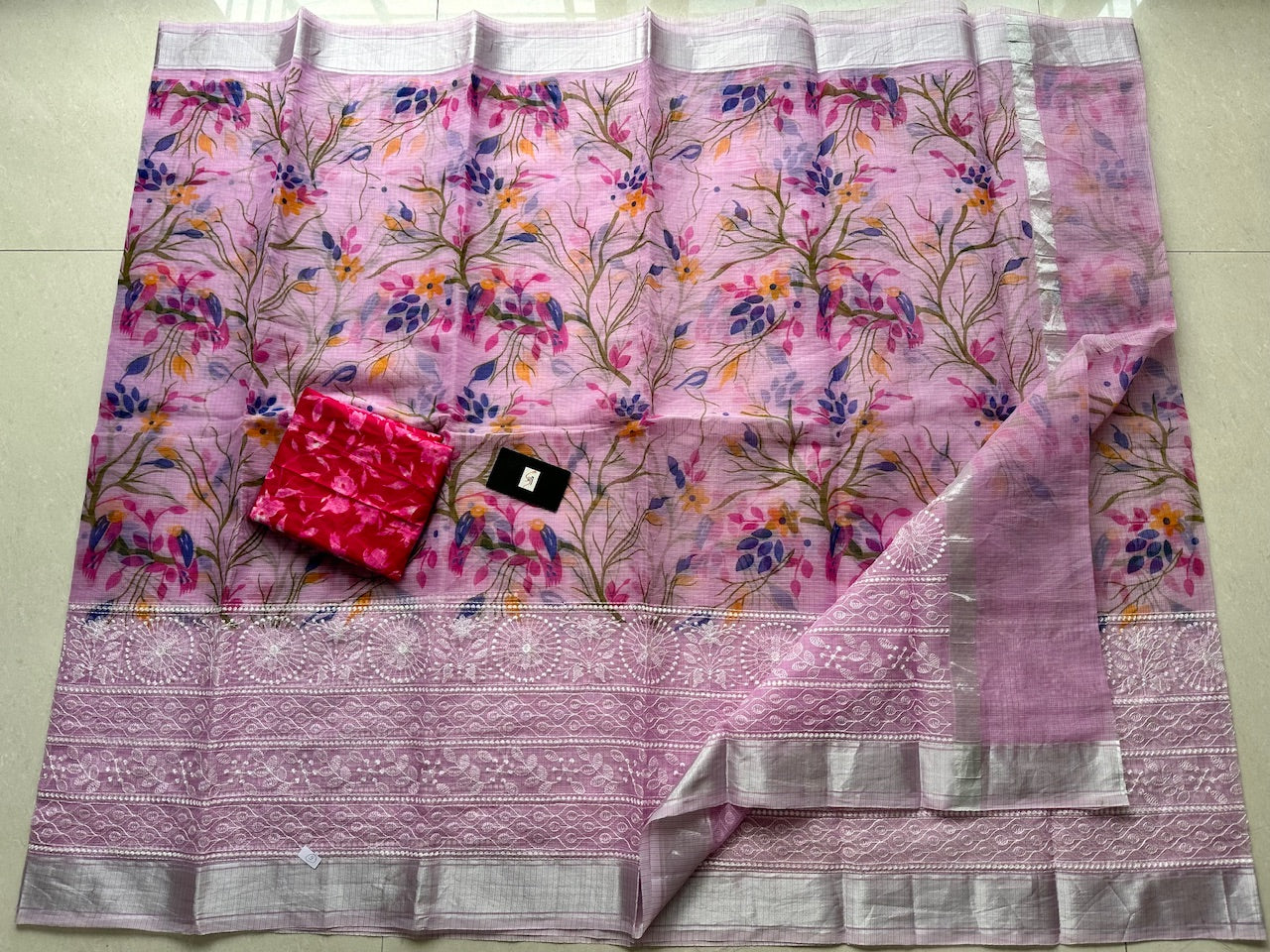 Embroidered Digital Printed Kota Cotton Doria Saree