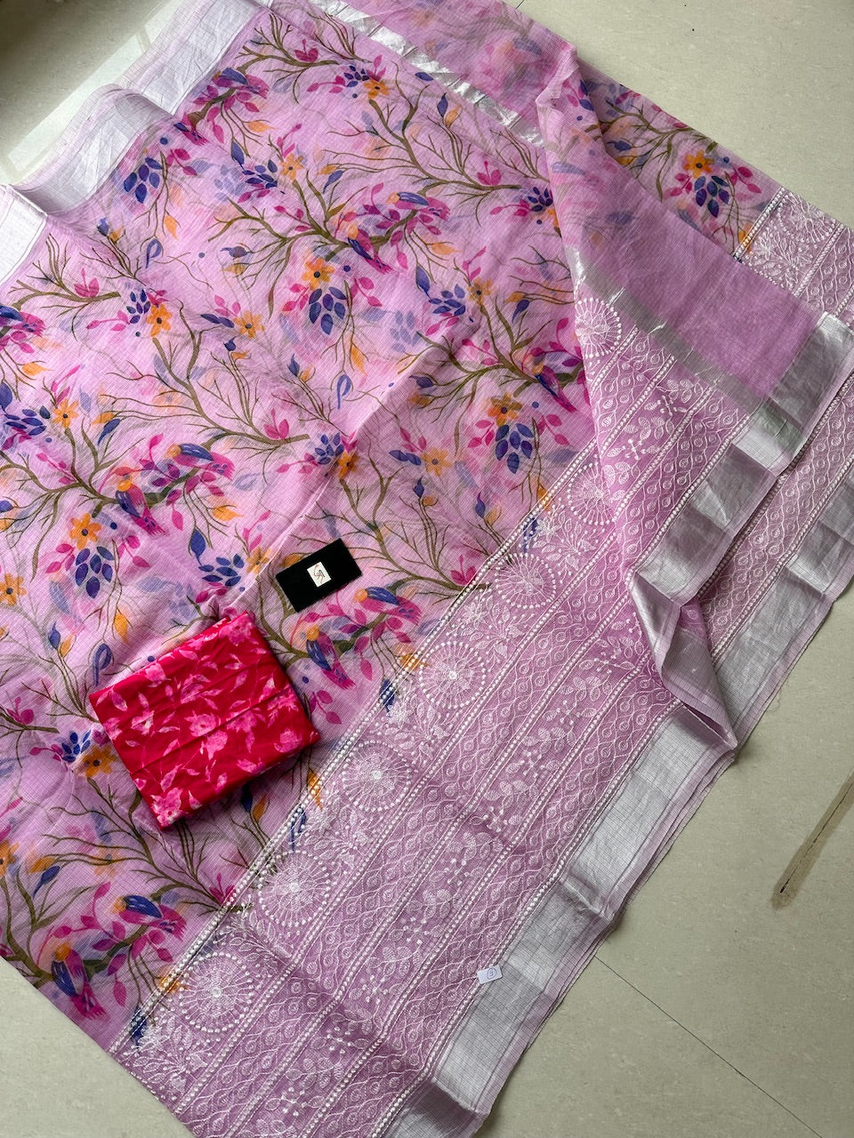 Embroidered Digital Printed Kota Cotton Doria Saree