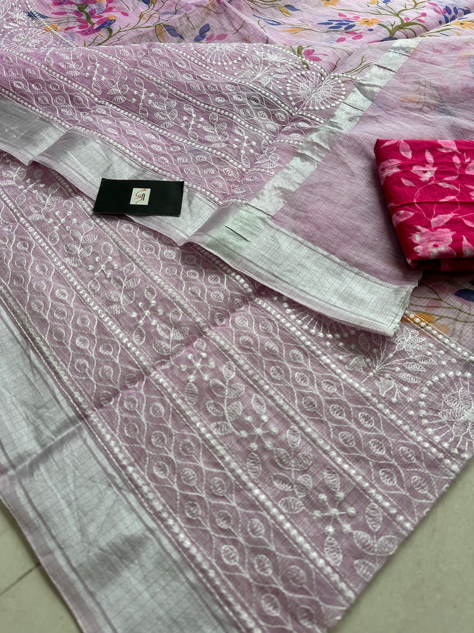 Embroidered Digital Printed Kota Cotton Doria Saree