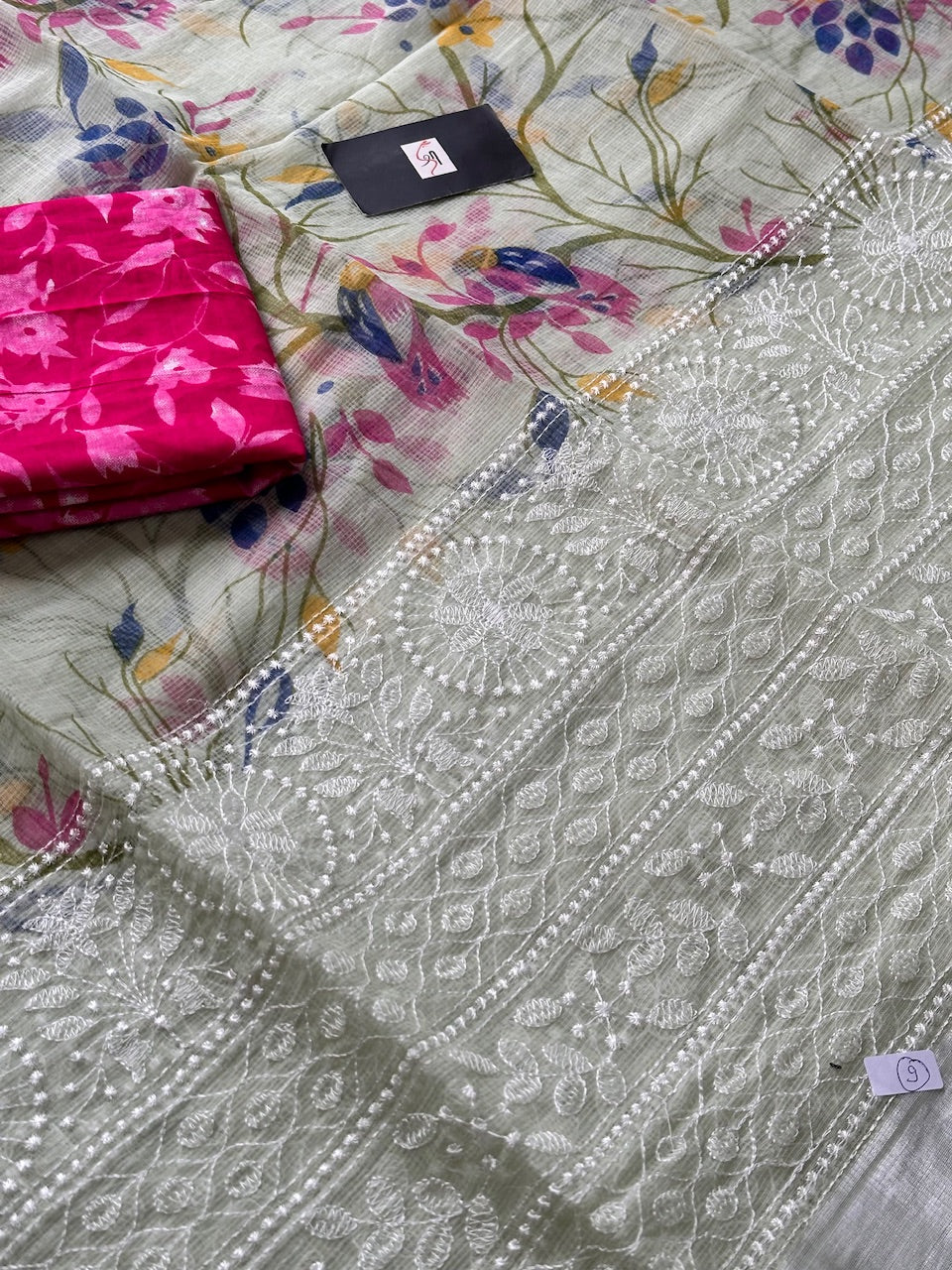 Embroidered Digital Printed Kota Cotton Doria Saree