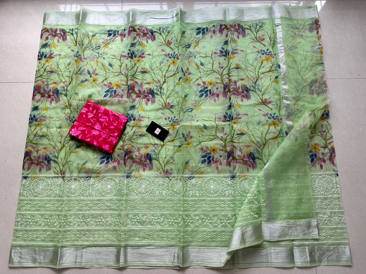 Embroidered Digital Printed Kota Cotton Doria Saree