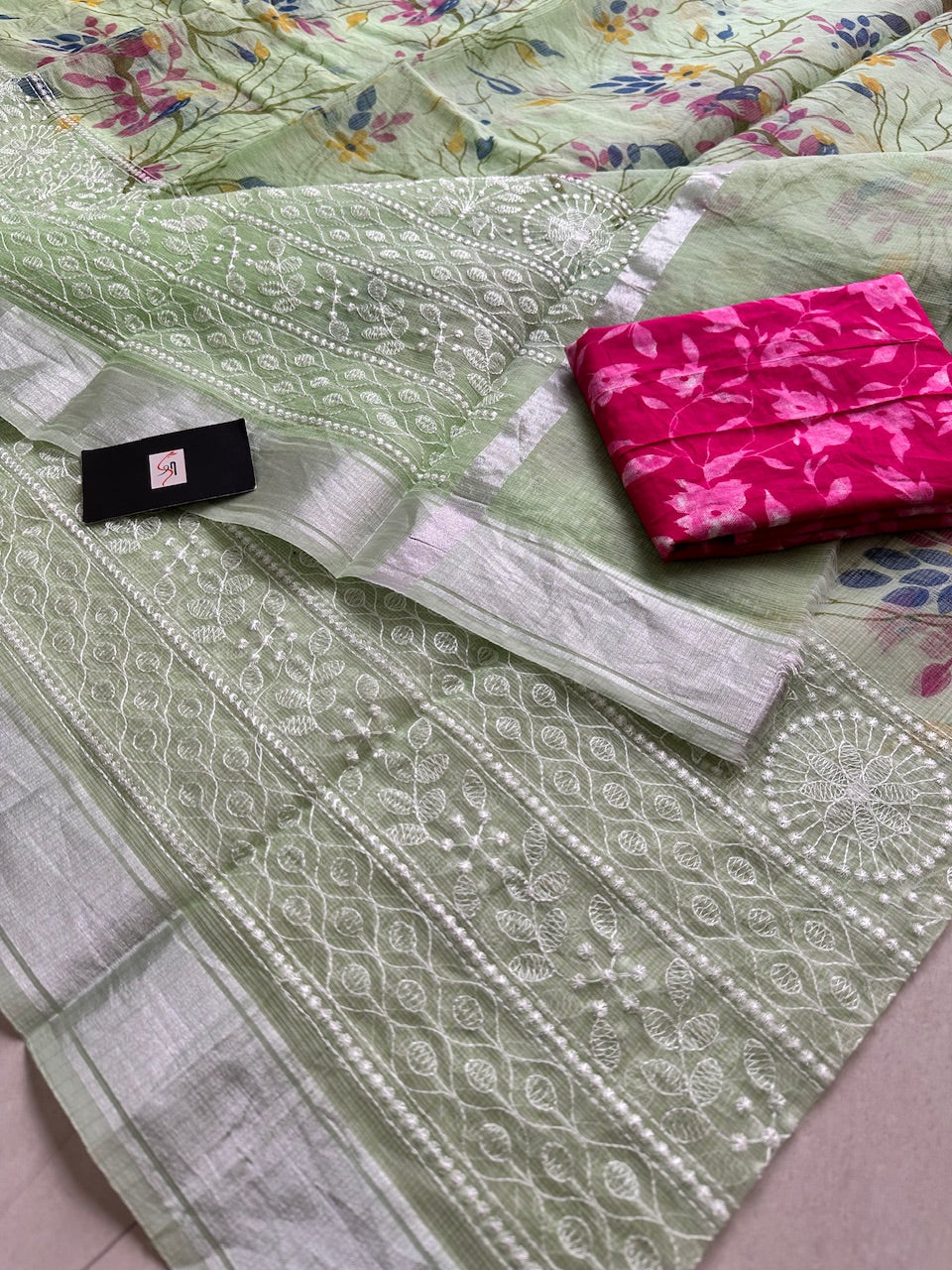 Embroidered Digital Printed Kota Cotton Doria Saree