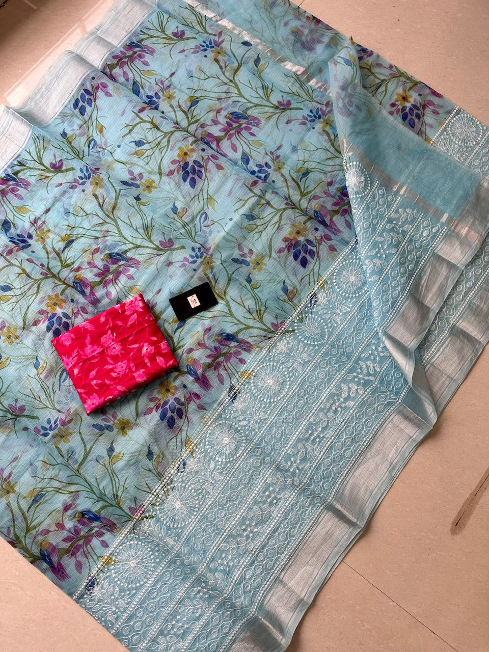 Embroidered Digital Printed Kota Cotton Doria Saree