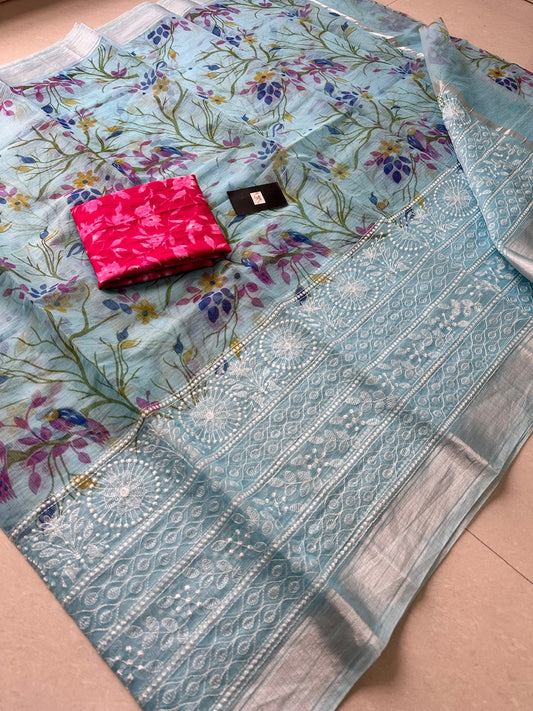 Embroidered Digital Printed Kota Cotton Doria Saree