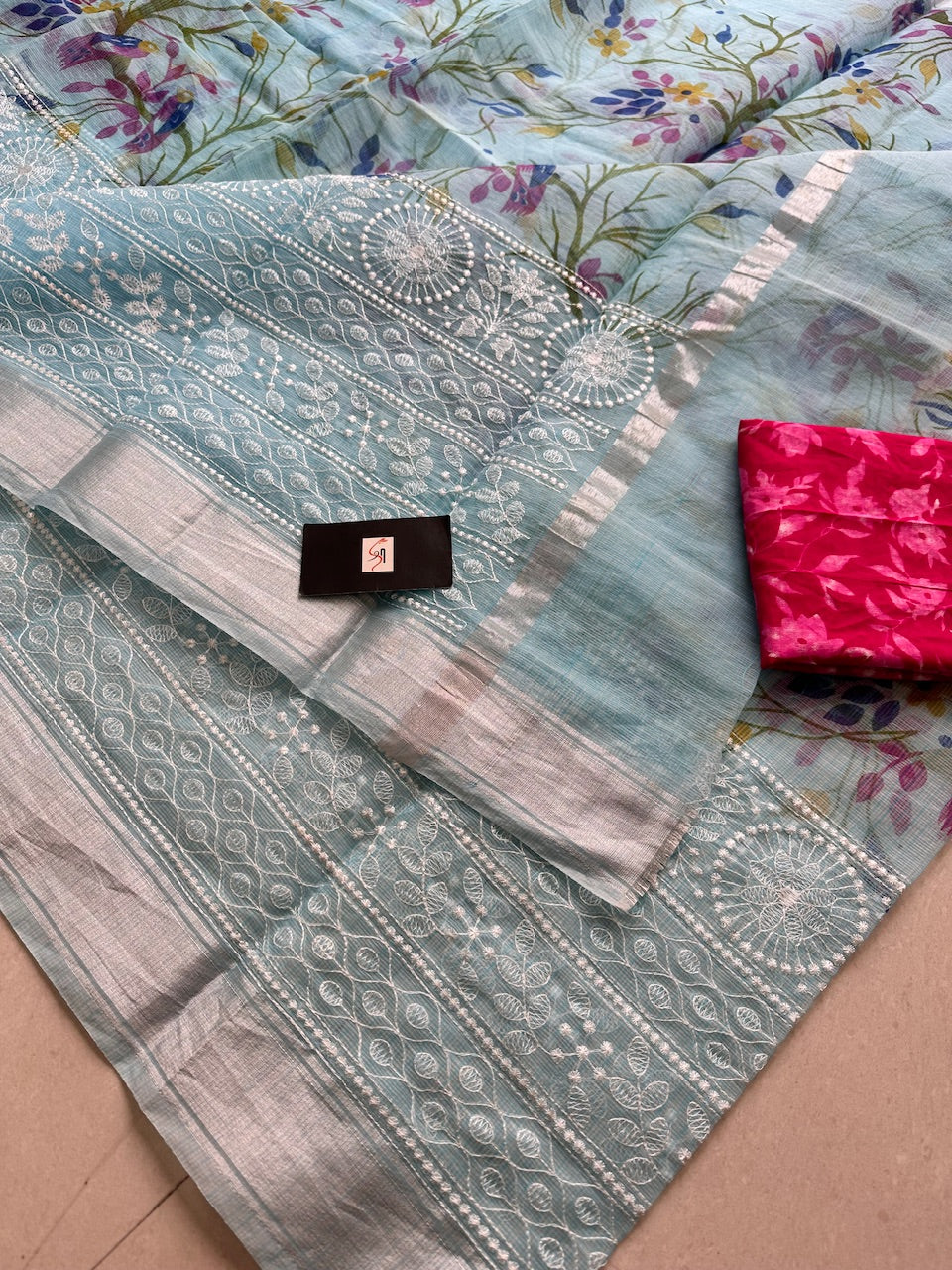 Embroidered Digital Printed Kota Cotton Doria Saree