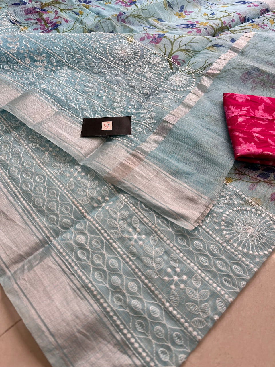 Embroidered Digital Printed Kota Cotton Doria Saree