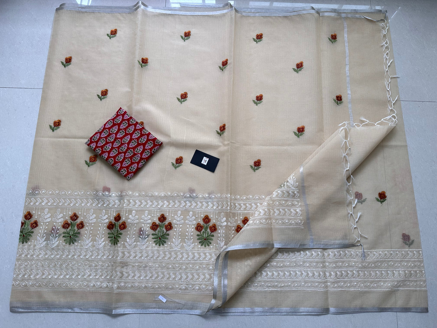 Embroidered Kota Cotton Doria Saree