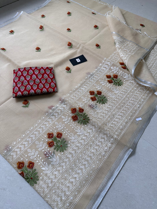 Embroidered Kota Cotton Doria Saree