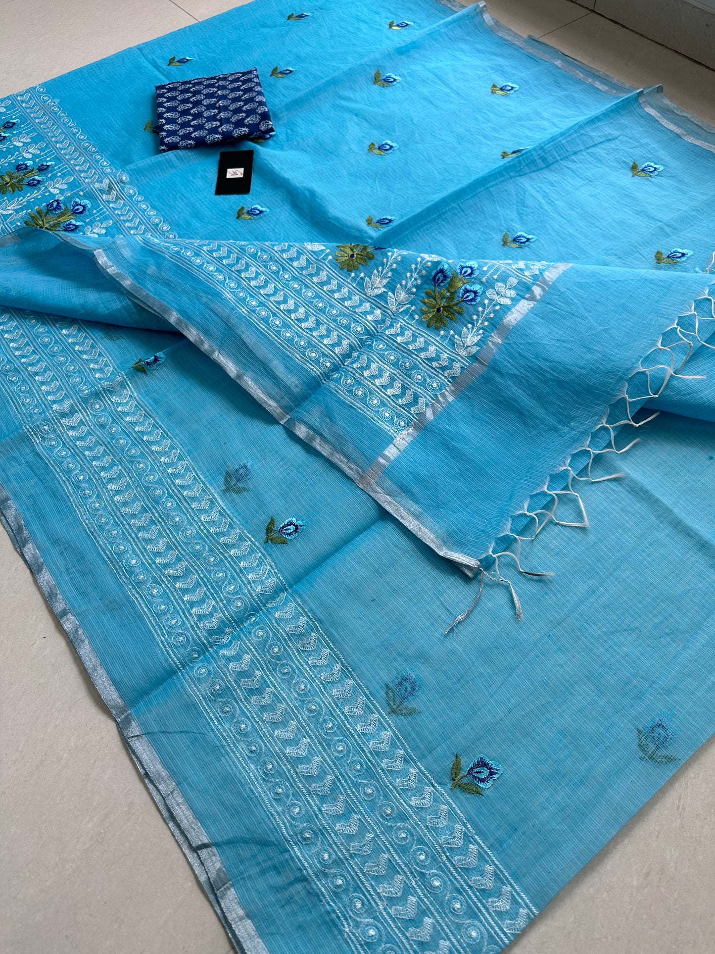 Embroidered Kota Cotton Doria Saree