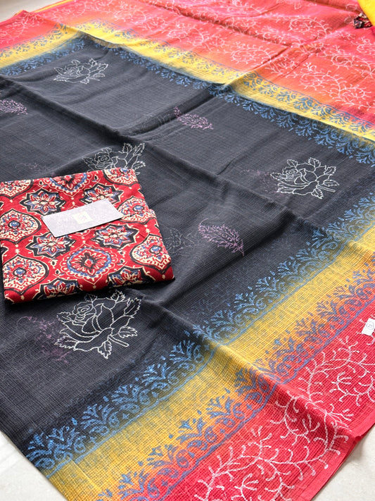 HandBlock Printed Pure Kota Cotton Doria Saree