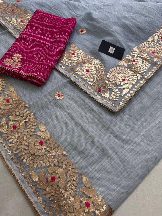 Jaipuri Gota Patti Embroidered Kota Cotton Doria Saree