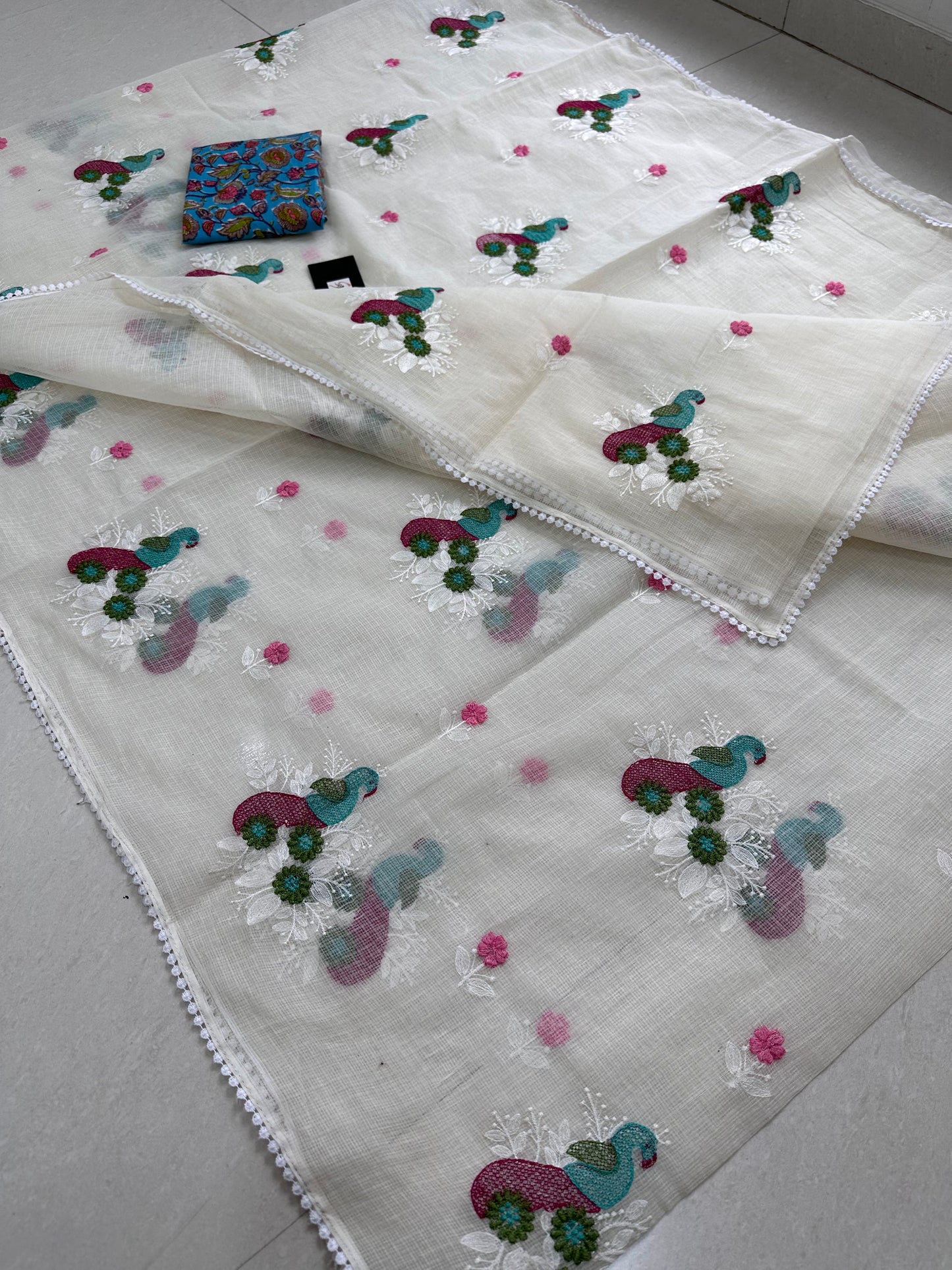 Embroidered Kota Cotton Doria Saree