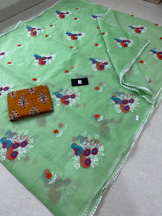 Embroidered Kota Cotton Doria Saree